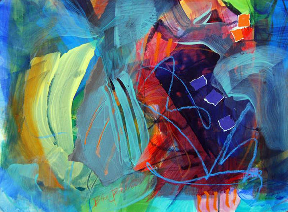 Climate Change II, Acrylic and collage on paper, 16h x 20w, $300.