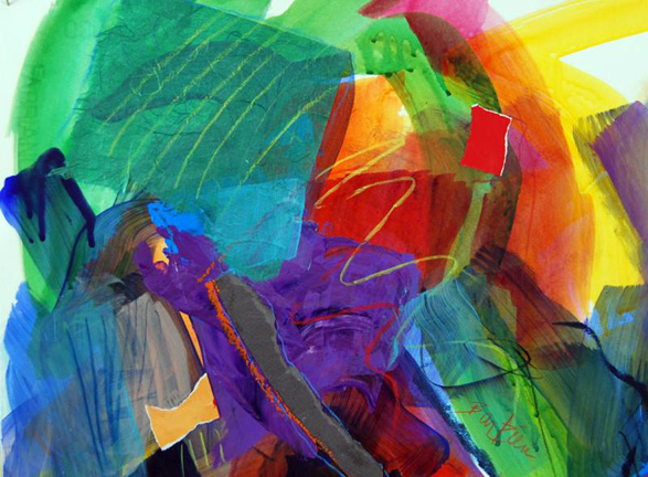 Waterworks I, Acrylic and collage on paper, 16h x 20w, $300.