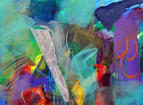 Waterworks II, Acrylic and collage on paper, 16h x 20w, $300.