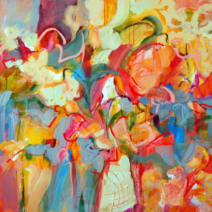 Profusion (Peach), Acrylic and collage on canvas, 36h x 36w, $3200 (Framed).