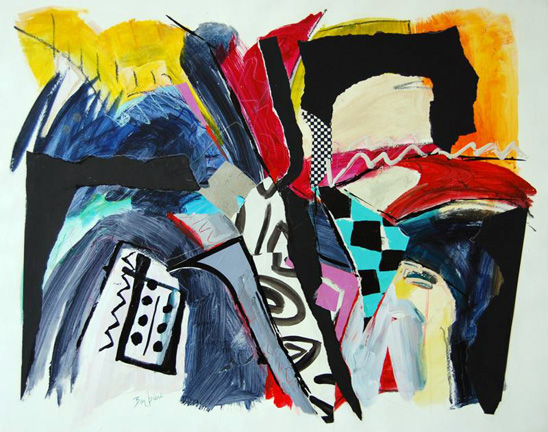 Fast Tango, Acrylic and collage on paper, 41h x 49w, $2800.