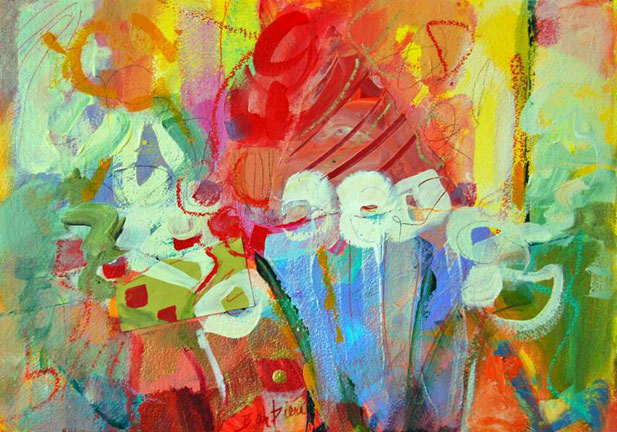 New Blooms, Acrylic and collage on paper, 20h x 26w, $550.