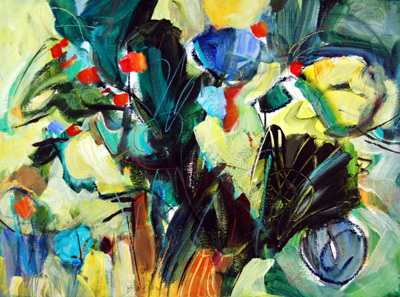 Water Garden, Acrylic and collage on paper, 33h x 41w, framed, $1600.