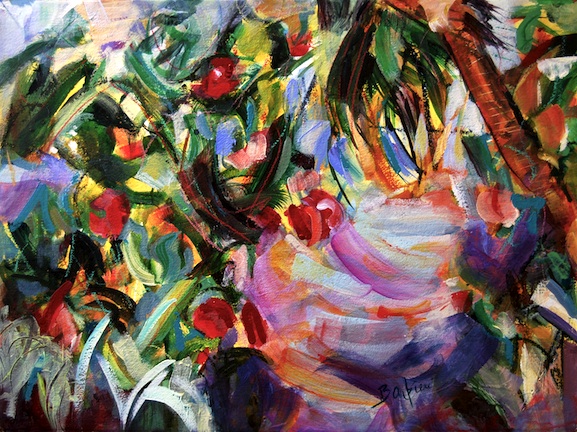Flowered Lanes, Acrylic and collage on paper, 33h x 41w, framed, $1600.