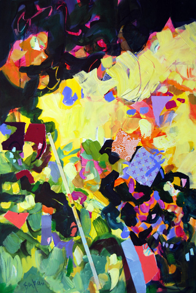 Confetti, Acrylic and collage on canvas, 36h x 24w, $1800.