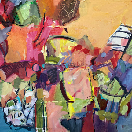 Dining Out. Acrylic and collage on canvas, 24h x 18w. $1950.