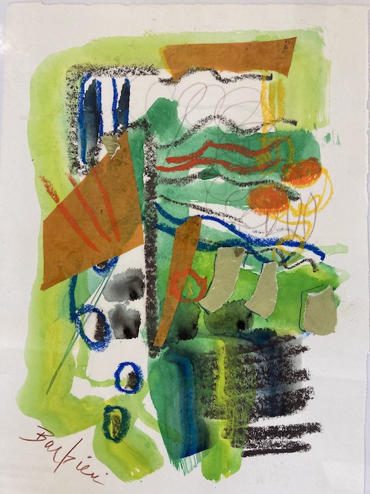 High Wire Act. Acrylic and collage. 16”h by 12”w. Framed. $250.