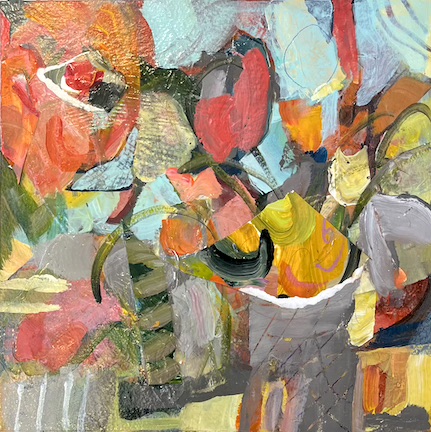Flower Offering. Acrylic and collage on board. 14”h by 14”w. $350.