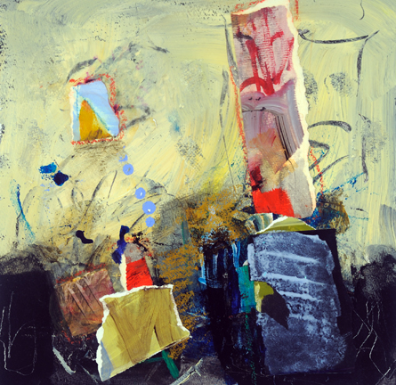 STEP UP 3 (White). Acrylic and collage on paper mounted on cradled panel, 16h x 16w. $750.